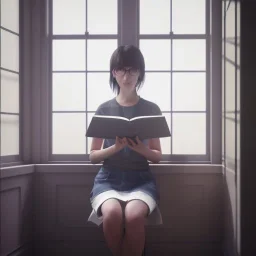 female student studying by the window, anime style, full body, cool face, unreal engine 5, cinema4d, sun light, studio lighting --ar 1:1 --v 4