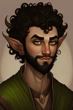 Brown elf with pointy ears and super curly black hair and a beard and black eyes