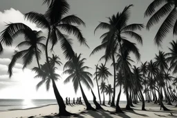 A gray beach filled with dancing palm trees designed in Javanese shadow puppets