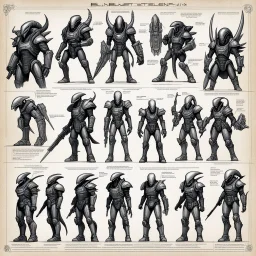 ConceptSheet blueprint [by by Kevin Eastman and Peter Laird]: a grid of sci-fi aligned group of xenomorph armours