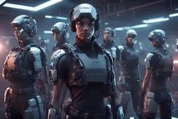 group of recruits in training,16k, 3d rendering, expressively detailed, futuristic, cyberpunk, dynamic light, expressive lighting,