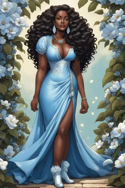 create a comic book art image of a curvy size dark skinned Black female wearing a light blue maxi dress with sparkle white cowboy boots. Prominent make up with brown eyes, she is wearing light blue feather tassel earrings and lush lashes. extremely detailed tight curly long hair . background of blue and silver magnolia flowers everywhere