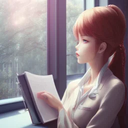 Anime, female student studying under window, studying lesson, perfect face, cool face, ultra detail, unreal engine 5, cinema4d, sun light, studio lighting --ar 1:1 --v 4