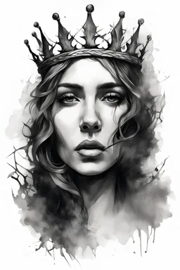 A realistic drawing in negative space black ink on white background of a king crown of thorns over a beautiful women head with very defined and correct details and brushstrokes smoke around it