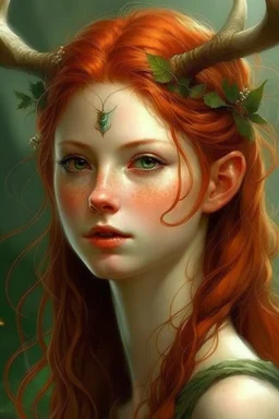 pretty girl, aged 17, ginger, conventionally attractive, realism, dreamy, tight top, faun, satyr