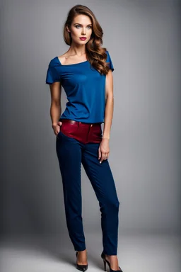 fullbody shot of young-beautiful-german girl-with-a-perfect-face-with-make-up-wearing- blue top and dark red pants standing , prophesional photography studio