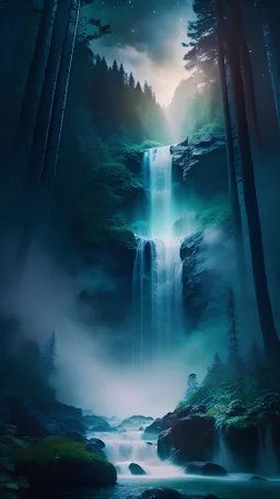 Waterfall dropping from menacing cyclops eye in the high forest at night, white fog rising