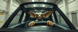 car driving happy 2d insect anime alien gremlin man in the style of Escher and Giger and Fallout 4, pinhole cam, airbrush 3d rendering, on tv screen:A five-second cinematic single take in a clean industrial presentation hall.