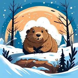 illustration of A happy groundhog popping out of its burrow, surrounded by winter scenes