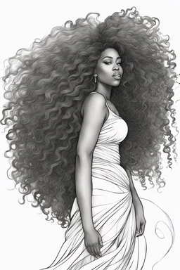 Create a coloring page of a beautiful black curvy female looking to the side with curly wild hair blowing in the wind. No shading, No color, no gray, white back ground