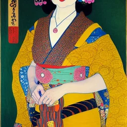 Retrato de cuerpo entero una Gheisha vestida con kimono muy guapa y voluptuosa con el estilo de Gustav Klimt