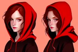 A sassy beautiful woman with dark brown eyes and shoulder length red hair wearing a black hoodie. Realistic.