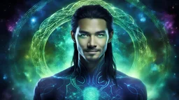 beautiful gorgeous young man na'vi with long hair, Avatar, blue skin, two small ears, green eyes, black hair, in cosmic suit, galactic ambiance, medium pointy goatee , smiling, nebulas and sacred geometry light figures on the backgroud,