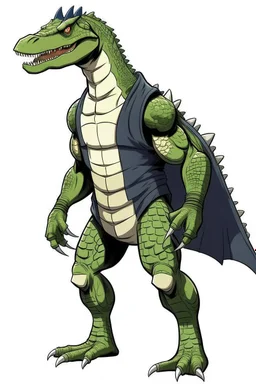 Anime man side character with dark , hybrid with dinosaur,small muscles, aged 30, wearing a dinosaur superhero suit