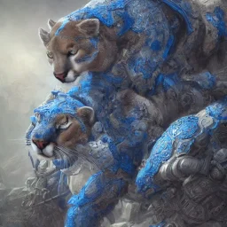 cougar in blue and white battle armor, a highly detailed illustration, background of Inka jungle, realistic render, 8 k, micro detail, intricate, elegant, centered, digital painting, Artstation, smooth, sharp focus, illustration, artgerm, tomasz alen kopera, peter mohrbacher, donato giancola, joseph christian leyendecker, wlop, boris vallejo