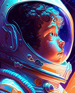 a close up of a boy in a space suit, portrait of an astronaut, portrait of an ai astronaut, jen bartel, portrait of astronaut, detailed astronaut, inspired by Tim Hildebrandt, futuristic astronaut, glowing spacesuit, sci-fi digital art illustration, stefan koidl inspired, in spacesuit, looking out into space, astronaut