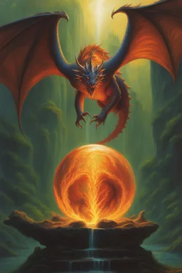 magic orb dripping with dragon fire. identical wings. fantasy setting. concept art, intricately detailed, color depth, dramatic, colorful background. painted by Jeff Easley