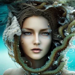 high-quality, fine-detail close-up portrait of gorgeous, stunning goddess of water, hair as stormy ocean, seaweed as flowing dress, 8k resolution, 3D octane render, intricate, digital art, detailed matte, volumetric lighting, George Grie, Anne Dittman, Anne Stokes, Lisa Parker, Selina French,