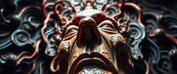weird perspective close up portrait, with background in the style of escher and giger, a chill contrapunctus fugue in the style of fsol, beethoven, goa trance breaks, dancefloor drum and bass,
