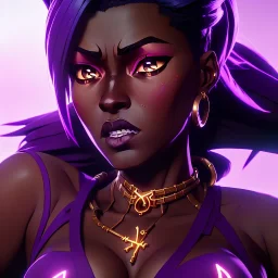 full body shot, masterpiece, best quality, voluptuous, thicc, black-skinned, sparkling eyes, fluorescent skin,purple-dark makeup, gangsta style, highly detailed body, sunlight, 4K, RAW, depth of field, high contrast, realistic details, 24mm