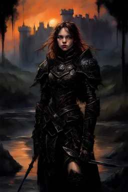 A formidable warrior girl in black armor, on the background Amazing gloomy landscape, flooded with sunset, mountains, trees, fabulous scary hero, , juicy emotions, painting, dark fantasy, gloomy day, dark world, portrait, Gothic Town At Night, Fantasy, Intricate Details, Castle Courtyard Gardens, Hyper Detailed, Jean Baptiste Monge, Carne Griffiths, Michael Garmash, Seb Mckinnon, Masterpiece