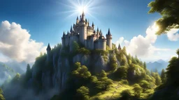 cloud, bluesky, sunlight, castle, forest, mountain, (masterpiece),((ultra-detailed)), (highly detailed CG illustration),(expressionless), (best quality:1.2), High quality texture, intricate details, detailed texture, High quality shadow, Cinematic Light, Lens Flare, Ray tracing, Depth of field, light source contrast, perspective,20s