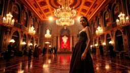 a modern luxury victorian big hall with this tema with a night party with people and pretty ladys ,Glamorous woman in elegant midi gown posing in close up with full body shot and cute and joy standing in midle of hall spotlight, cinematic lighting, photorealistic, fashion magazine styletion, Vogue editorial aesthetic.