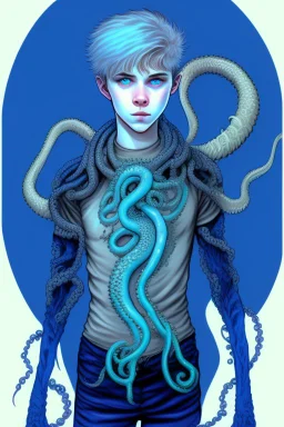 16 year old boy warlock with milky blue eyes, and lamprey tentacle growing out of his belly. in the style of HR Giger