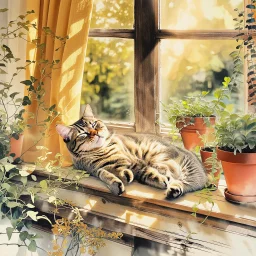 photorealistic, high-resolution image of a grey tabby cat sleeping on a sunny wooden windowsill next to various potted plants. The cat, with light brown and black stripes, lies on its back, paws up, basking in a ray of golden sunlight that illuminates its fur. The window in the background features an amber curtain on the left, and a wooden frame separates the panes. Outside the window, soft golden light suggests either sunrise or sunset, with blurred foliage visible. On the windowsill, several t