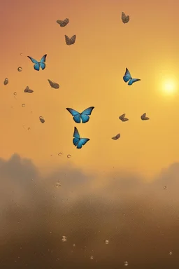 Bubbles and Butterflys flying to the sky at sunset