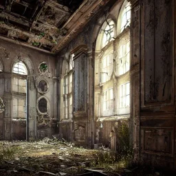 abandoned, two story building, crumbling, debris, weeds, 8k resolution, high-quality, elaborate, fine-detail, intricate, baroque, detailed matte, digital art, volumetric lighting, illustration, 3D octane render, brian froud, howard lyon, selina french, anna dittmann, annie stokes, lisa parker, greg rutowski