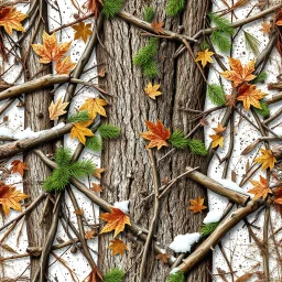 detailed Real Tree Camouflage made of sticks, twigs, tree bark, green pine branches, dried maple leaves, snow and dirt, white background, seamless repeatable texture camo pattern