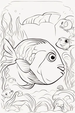 blank colouring book, white blank background, simple picture for toddlers, fish, disney and pixar style