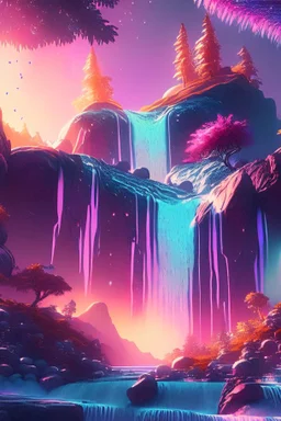 crystal cosmic and galactic ambiance hill sky waterfall sunset trees pools river surreal, full of details, smooth, bright sunshine，soft light atmosphere, light effect，vaporwave colorful, concept art, smooth, extremely sharp detail, finely tuned detail, ultra high definition, 8 k, unreal engine 5, ultra sharp focus