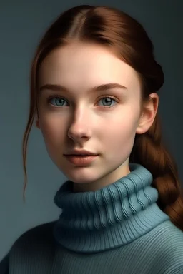 Pretty woman with reddish brown hair and light blue eyes and a pony tail with braids wearing a turtle neck sweater and having olive skin tone, slim and shapely