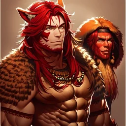 Barbarian anime character, animal hide armor, physically fit, tribal tattoos, scars, washboard abs, red facepaint, red hair, dark eyeshadow, intricate eyeliner, soft round eyes, beads in hair, 8k resolution, cinematic smooth, intricate details, vibrant colors, realistic details, masterpiece, oil on canvas, smokey background