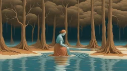 Pictorial scene with a solitary woman dressed in terracotta immersed up to her knees in blue water, with slender white trees emerging from the water.