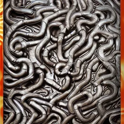 fantasy, digital art, scroll holder, object, bounded by chains, metallic, dark metal, ruby encrustations, massive, engravings