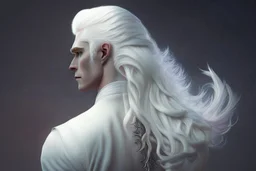 A Fantasy Human, a white masculine human with medium white hair. Magical scars. Full body, side view. HD