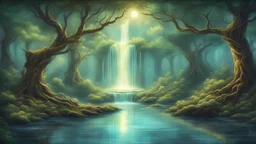 retro video game art Towering Celtic trees stand sentinel, their branches weaving a canopy of secrets above a tranquil fountain whose shimmering waters mirror the enchantment of its surroundings. Amidst this ethereal landscape, faeries gracefully pirouette, their luminescent wings trailing trails of magic through the air. Their dance, illuminated by the soft glow of the forest, beckons players to join them on a journey of wonder and adventure.