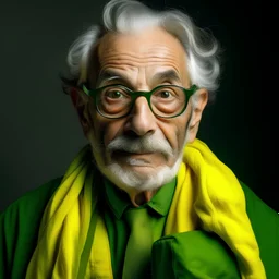 retrato de un anciano con saco verde y lentes con marcos amarillos