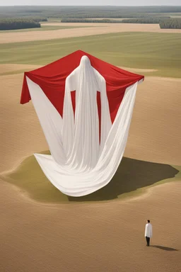 Giant massive huge in stature, majestic entity, hovering and floating over a large field landscape. the entity wears a white and red draped fabric that has printed on the material resembling stars. the fabric has also technological elements. you can see how big it is compared to a tiny human standing in front of it