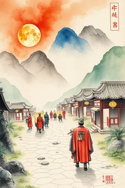 trading caravan Hexi Corridor silk road in ancient times in the style of Zeng Fanzhi watercolour