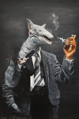 man with catfish shark head smoking a cigarrette in the style of banksy