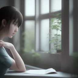 female student studying by the window, anime style,perfect face, cool face, unreal engine 5, cinema4d, sun light, studio lighting --ar 1:1 --v 4