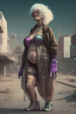 cyberpunk saggy granny woman, abandoned sci-fi town, future, sci-fi