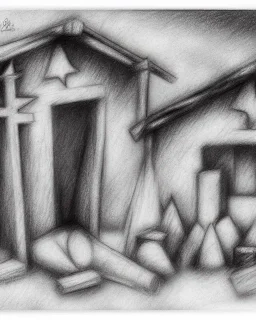 Nativity scene pencil and charcoal manger shading rubble Ukraine