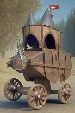 medival car with wooden wheels, driven by a knight