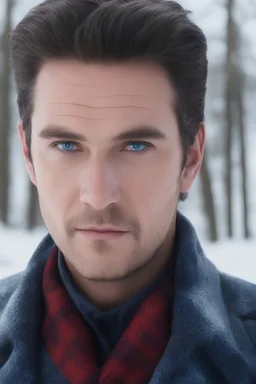 Blue eyes, close-up facial portrait - a Bright, well-lit UHD, 1080p 32k, photograph - winter time, hunting season, part Jesus Christ, part Elvis Presley with a mustache and short crew-cut hair, part Lee Majors, Part red and black checkered wool coat, blue jeans, cowboy boots, plaid shirt, sunbursts, crosses, 3D lighting, diamonds, hearts, Butterflies, Clovers, Roses, extremely colorful,