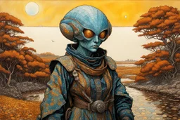 highly detailed, full body, ink oil portrait painting of an ancient, female alien traveler , in the impressionist style of Childe Hassam, mixed with art nouveau, abstract impressionism, the surrealism of Yves Tanguy, and the comic art style of Jean-Giraud Moebius, precise and sharply defined facial features, protective clothing , and skin textures, in subdued autumnal colors